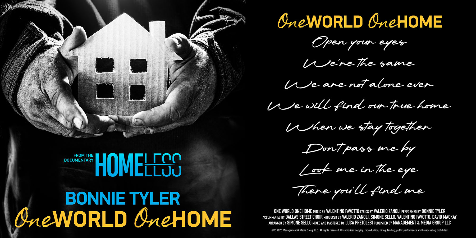 artwork for the song One World One Home performed by Bonnie Tyler, from the documentary Homeless by Valerio Zanoli